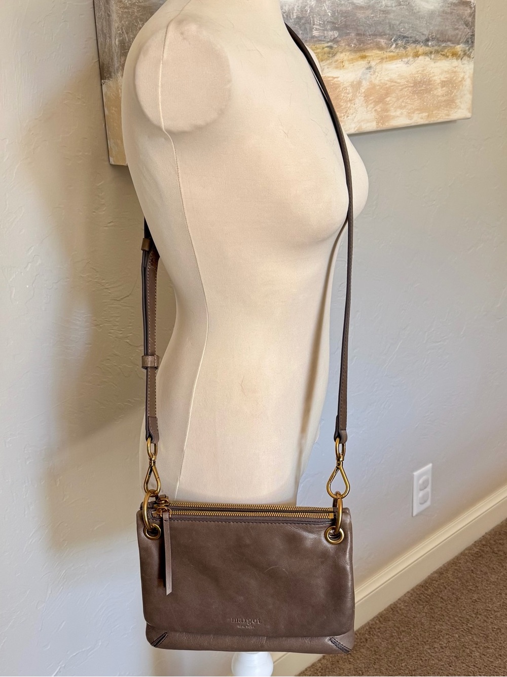 Margo New York Distressed Leather Crossbody Bag Grey 9”